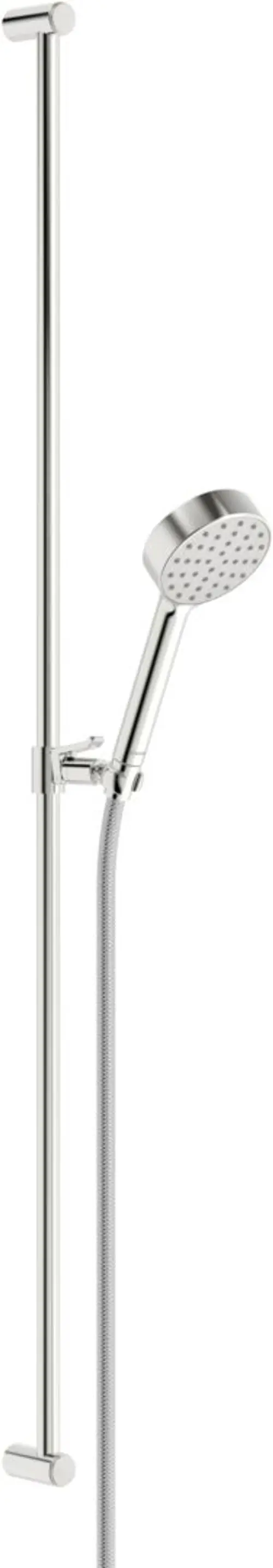 Wandstangengarnitur in Chrom mit Handbrause, Schlauch und Halterung. Das Produkt gehört zur Marke HANSA und eignet sich für die Installation in Duschen.
